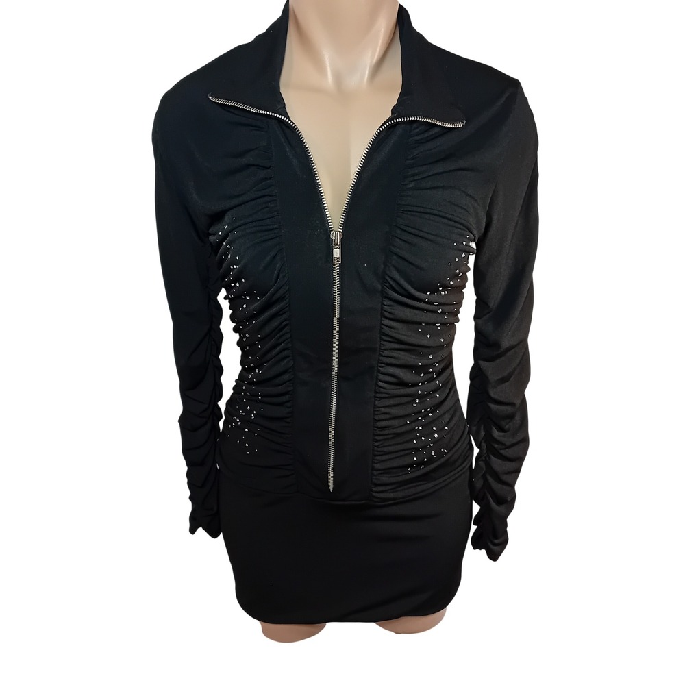 Vintage Y2K Juniors San Julian Rhinestone Ruched Zip Up Jacket Dress Edgy Moto L